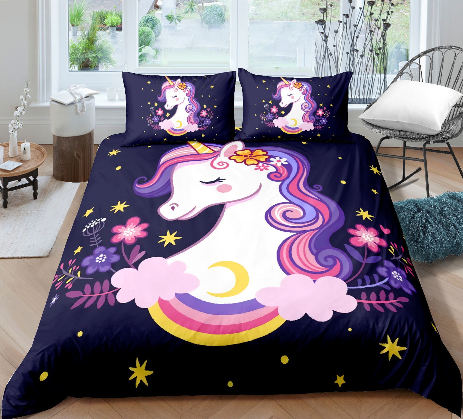 Einhorn Bettwäsche Set 3 Stück Blumen Bettwäsche Set Cartoon | Etsy