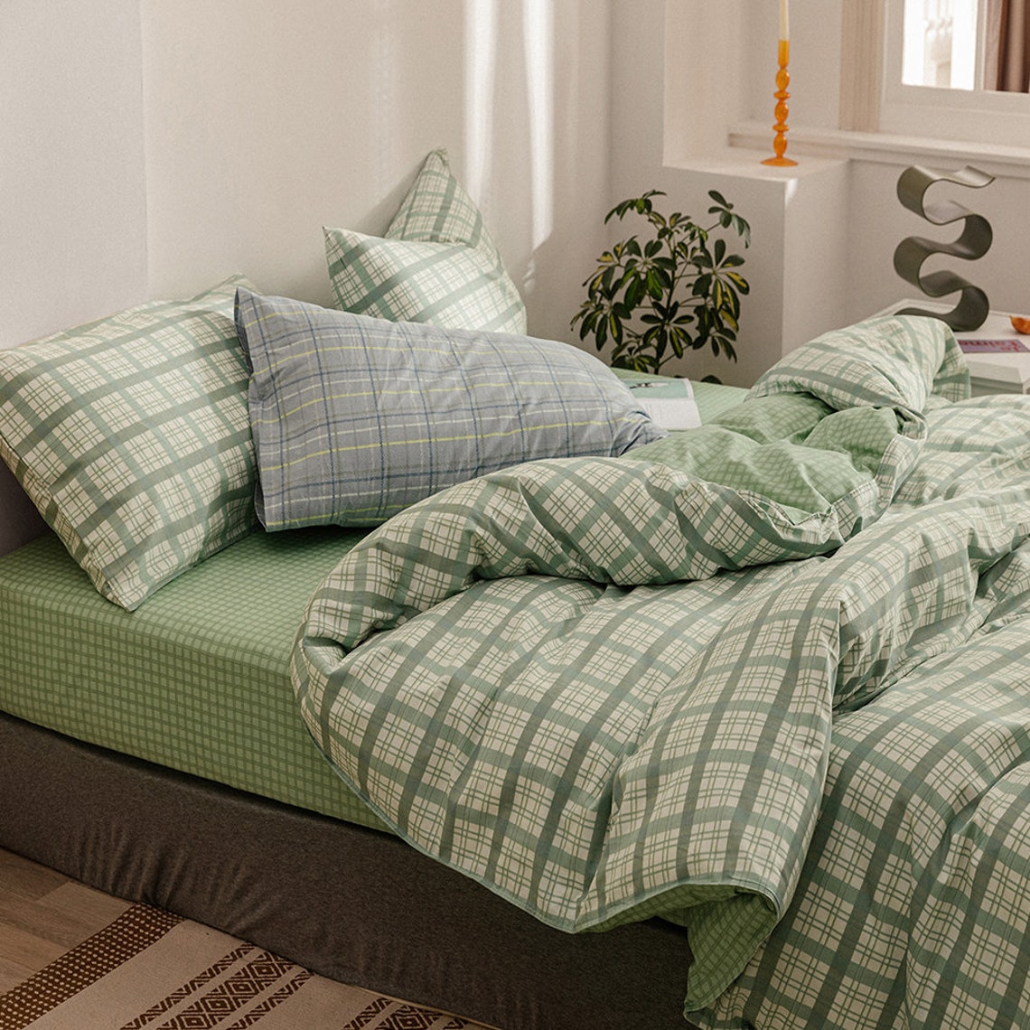 Green Grid Bedding Kids Geometric Twin Size Duvet Cover Etsy