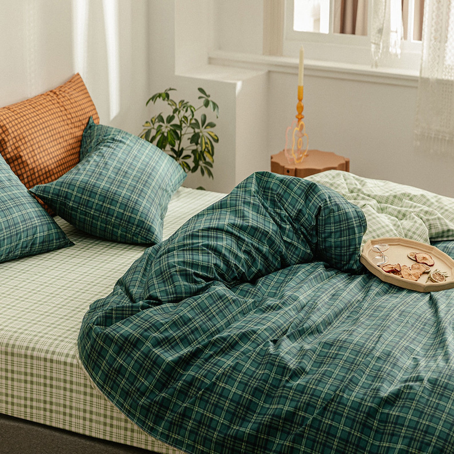 Dark Green Plaid Duvet Cover King 100 Cotton Plaid Bedding Etsy