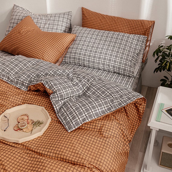 Orange Brown Plaid Duvet Cover King 