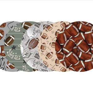 May include: Four circular designs with football themes. One features brown footballs on a gray background, another has play diagrams and stars, a third has helmets and the text "GET EM!", and the last is a pattern of footballs.