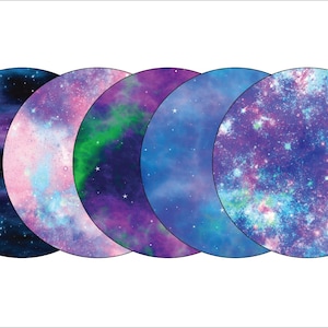 May include: Five circular designs showcasing vibrant galaxy patterns. Each circle features a unique blend of colors, including deep blues, purples, pinks, and greens, with scattered white stars. The designs evoke a sense of cosmic wonder and celestial beauty.