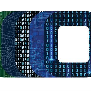 May include: Abstract digital art piece featuring a large, white, U-shaped design with a rectangular cutout. The design is layered with binary code, circuit board patterns, and a blue grid, creating a tech-inspired aesthetic.