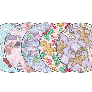 May include: Five round, colorful, patterned Christmas themed fabric designs. The designs include a snowman, a moose, a gingerbread man, a mug of hot chocolate, and a candy cane.