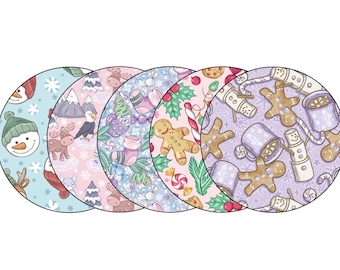 May include: Five round, colorful, patterned Christmas themed fabric designs. The designs include a snowman, a moose, a gingerbread man, a mug of hot chocolate, and a candy cane.