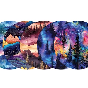 May include: Five circular watercolor paintings depict various landscape scenes. Each painting showcases a different color palette, including blues, purples, oranges, and pinks. The scenes feature mountains, forests, and starry skies, creating a dreamy, artistic aesthetic.