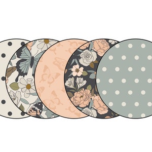 May include: Set of five round coasters with different patterns. One coaster has a black and white polka dot pattern, another has a floral pattern with butterflies, another has a peach floral pattern with butterflies, another has a dark floral pattern with butterflies, and the last one has a light blue and white polka dot pattern.