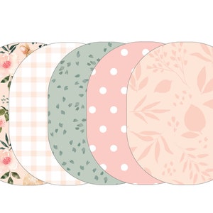 May include: A collection of five oval-shaped designs with pastel patterns. The designs include a bunny with floral accents, a gingham pattern, a speckled green pattern, a polka dot pattern, and a floral leaf pattern. The color palette is soft and spring-like.