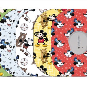 May include: Four different designs of round, colorful, adhesive stickers featuring Mickey Mouse in various poses. The stickers are designed to fit a Dexcom G6 Continuous Glucose Monitor.