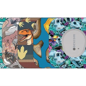 May include: A collection of decorative covers with various designs. The designs include a teal elephant, a dinosaur scene, a dinosaur with a footprint, and a skull and floral pattern. A gray circular device with the text "dexcom" is on the right.