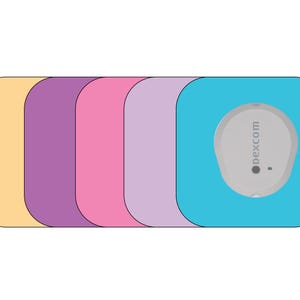 May include: A Dexcom continuous glucose monitoring (CGM) sensor with a gray sensor and the text "dexcom" on a blue background. The sensor is next to four colorful, rounded rectangles in shades of yellow, purple, pink, and lavender.