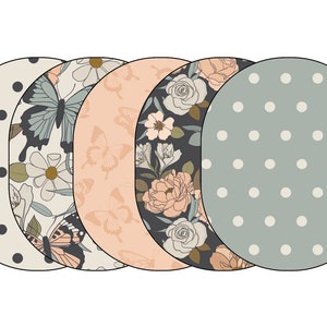 May include: A collection of five oval-shaped designs with various patterns. The designs include polka dots, butterflies, floral arrangements, and a combination of butterflies and flowers. The color palette features neutral tones with pops of color.
