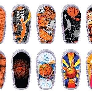 May include: Ten different designs of basketball-themed stickers for a medical device. The stickers feature various basketball designs, including basketballs, hoops, and players. The stickers are all in bright colors and have a glossy finish.