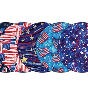 May include: Five different fabric designs featuring red, white, and blue stars and stripes. The designs include fireworks, stars, stripes, and a confetti-like pattern.