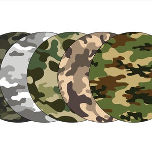 May include: Five round fabric patches in different camouflage patterns. The patterns include green, brown, tan, and gray.