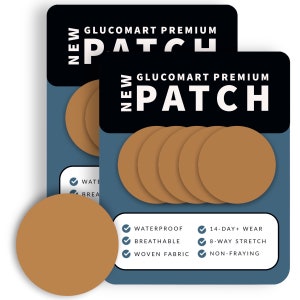 May include: Package of six brown, round, adhesive patches labeled "NEW GLUCOMART PREMIUM PATCH". The patches are waterproof, breathable, woven fabric, 14-day wear, 8-way stretch, and non-fraying.