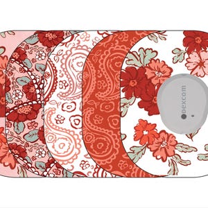May include: Four different patterned adhesive skins for a Dexcom G6 continuous glucose monitor. The skins feature floral patterns in shades of red, pink, and white.