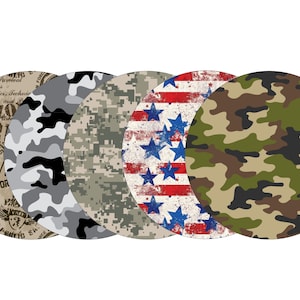 May include: Five circular designs featuring camouflage patterns and patriotic themes. The designs include military-style camouflage in various colors, an American flag motif with red stripes and blue stars, and a design with text that reads "URBAN FORCES UNIT".