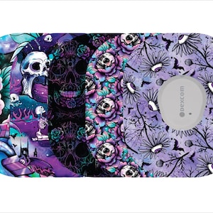 May include: A collection of decorative patches with various gothic-themed designs. The patches feature skulls, flowers, and other spooky elements in shades of purple, black, and teal. One patch has a gray circular device with the word "dexcom" printed on it.