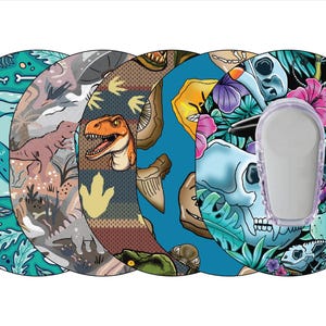 May include: Four round, colorful, adhesive stickers with different designs. The designs include a dinosaur, a skull, a tropical scene, and a prehistoric scene. The stickers are designed to fit a medical device.
