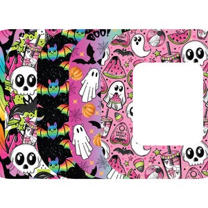 May include: A Halloween-themed sticker with a variety of colorful patterns. The designs include ghosts, bats, skulls, pumpkins, and watermelon slices. The sticker has a white cutout in the center.