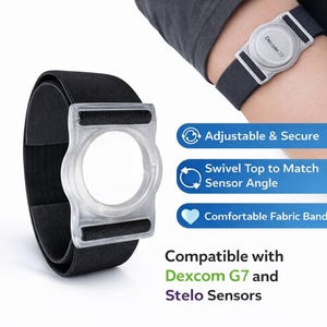 May include: Black elastic band with a clear plastic sensor holder. The holder is designed to secure a sensor, with the text "Decom 37" visible. The image also highlights features like adjustability and a comfortable fabric band.