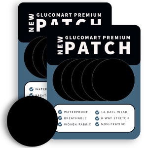 May include: Package of 6 black round patches with the text "NEW GLUCOMART PREMIUM PATCH" on the front. The patches are waterproof, breathable, woven fabric, 14-day wear, 8-way stretch, and non-fraying.