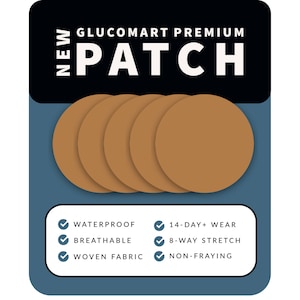 May include: A product image featuring the text "GLUCOMART PREMIUM PATCH" with several circular, tan-colored patches. The image highlights features like waterproof, breathable, woven fabric, 14-day+ wear, 8-way stretch, and non-fraying.