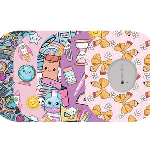 May include: A set of Dexcom G6 sensor covers with various designs. One features a space theme with planets and rockets, another has school supplies, and the third showcases bows and pencils on a pink background. A gray sensor is in the center.