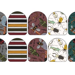 May include: Set of 10 nail decals featuring a variety of insect illustrations, including beetles, butterflies, and dragonflies. The decals are printed on a clear background and are designed to be applied to natural nails or artificial nails. Some decals feature a striped pattern in red, black, and yellow.