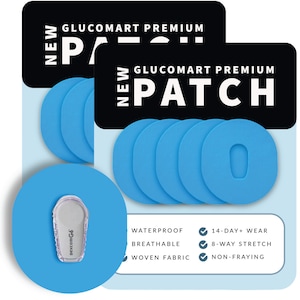 May include: A package of blue adhesive patches for a continuous glucose monitor. The package features the text "NEW GLUCOMART PREMIUM PATCH" and lists features like waterproof, breathable, woven fabric, 14-day+ wear, 8-way stretch, and non-fraying.