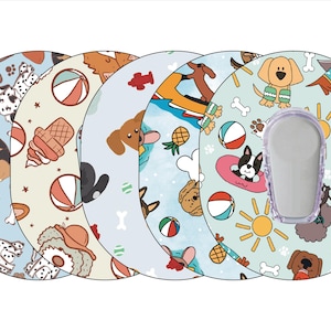 May include: Five colorful round stickers with different dog-themed designs. Each sticker features a different dog breed, including a dalmatian, a dachshund, a bulldog, a poodle, and a golden retriever. The stickers have a variety of summer-themed patterns, including ice cream cones, beach balls, and pineapples.