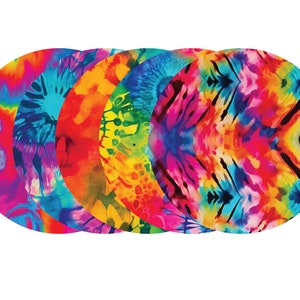 May include: Five colorful tie-dye circles arranged in a row. The circles display vibrant patterns in shades of pink, blue, orange, yellow, and green. The designs feature swirling, spotted, and striped patterns, creating a psychedelic effect against a white background.