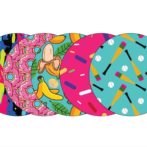 May include: A collection of five circular designs with vibrant patterns. The designs include graffiti, pink donuts, bananas, sprinkles, and baseball bats with balls, all set against colorful backgrounds.