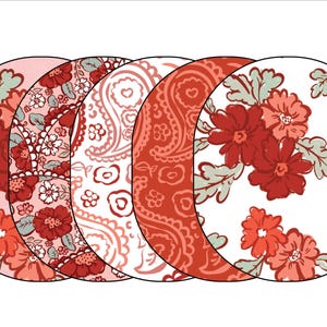 May include: A series of five overlapping circular designs, each featuring a unique floral or paisley pattern in shades of red, pink, and white. The designs include flowers and paisley motifs.