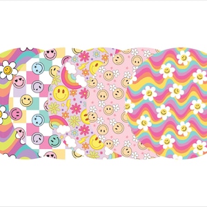 May include: A collection of colorful, circular designs featuring retro-style patterns. Designs include smiley faces, daisies, rainbows, and wavy lines in shades of pink, yellow, blue, and purple. The overall theme is cheerful and reminiscent of the 1970s.
