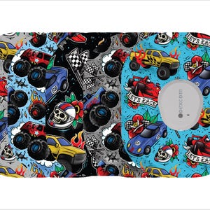 May include: A patterned medical device cover featuring race cars, monster trucks, skulls, and the text "LET'S RACE." The design includes flames, checkered flags, and floral elements in a variety of colors, including red, yellow, blue, and gray.