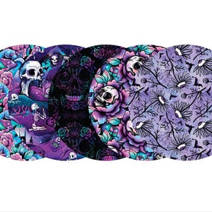 May include: A collection of five circular designs with a gothic theme. The designs feature skulls, flowers, and other spooky elements in shades of purple, black, and teal. The overall aesthetic is dark and detailed.