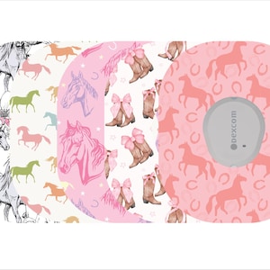 May include: A collection of decorative medical device covers with horse and cowboy boot patterns. Designs include pink, white, and gray horses, cowboy boots with pink bows, and a pink horse pattern with a gray device.