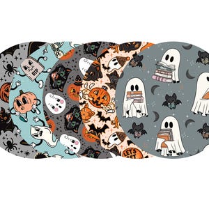May include: A collection of round Halloween-themed designs. Each design features a unique pattern with cartoon ghosts, bats, pumpkins, and other spooky elements. The color palette includes orange, black, gray, and teal.