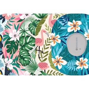 May include: A collection of decorative covers for a medical device, featuring tropical floral and fauna patterns. Designs include toucans, flamingos, and lush foliage in vibrant colors like pink, blue, and green. The device itself is a small, oval-shaped gray component.