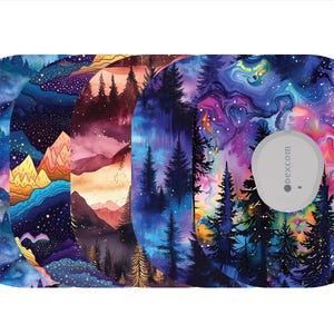 May include: A collection of decorative covers for a medical device, featuring vibrant watercolor landscape designs. The designs include mountain ranges, forests, and starry skies in shades of blue, purple, and orange. A gray device with the text "dexcom" is in the center.