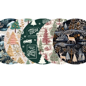 May include: Four round, decorative plates with a winter forest theme. Each plate features a different design with trees, deer, and snowflakes. The plates are in shades of green, blue, white, and gold.