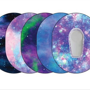 May include: Five different galaxy-themed designs for a round insulin pump cover. The designs feature a variety of colors, including blue, purple, pink, and green, with a swirling galaxy pattern. Each design has a small white star in the corner.