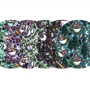 May include: A collection of five circular designs featuring whimsical illustrations. Each design showcases a unique pattern with elements like teacups, rabbits, aliens, and mythical creatures. The color palettes vary, including teal, purple, black, and green, creating a playful and imaginative aesthetic.