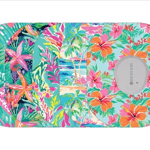 May include: A collection of decorative medical device covers with tropical floral and beach-themed patterns. Designs include starfish, hibiscus flowers, palm trees, and a beach scene, in shades of pink, orange, teal, and green.