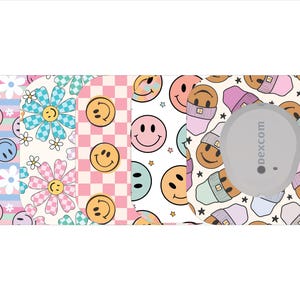 May include: A collection of decorative covers for a Dexcom continuous glucose monitor. The covers feature various patterns, including smiley faces, flowers, and checkerboard designs. The colors include pink, blue, yellow, and white.