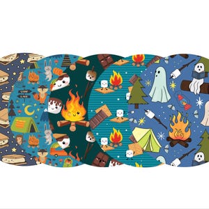 May include: Five circular designs with camping-themed patterns. Each design features illustrations of campfires, marshmallows, s'mores, tents, and woodland creatures like foxes and rabbits. The color palette includes blues, greens, and oranges.