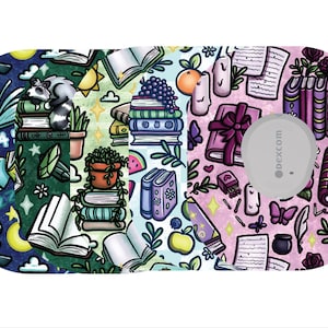 May include: A whimsical, illustrated design featuring stacks of books, a raccoon, and other fantasy elements. The design includes a Dexcom sensor, and is in shades of blue, green, and pink.