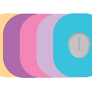 May include: A collection of colorful, rounded rectangular shapes in shades of yellow, purple, pink, light purple, and blue. A gray device with the text "Dexcom" is on the blue shape.